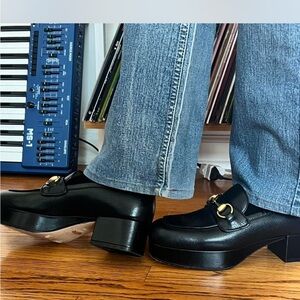 Black Gucci Chunky Heel Loafers with Gold Buckle